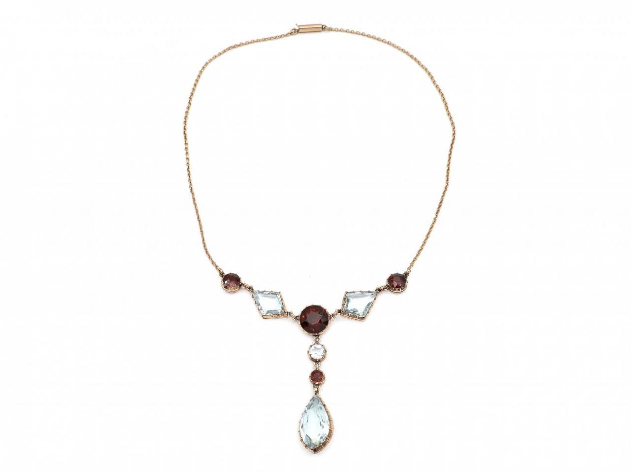Arts and Crafts Aquamarine & Almandine Garnet Drop Necklace in Gold