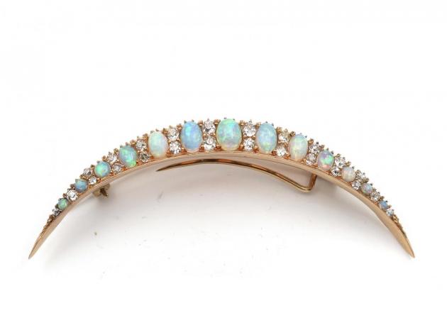 Victorian opal and diamond crescent moon brooch