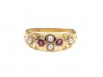 1899 seed pearl and ruby gypsy ring in 15kt yellow gold