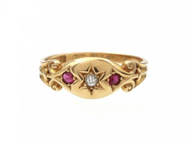 Victorian diamond and ruby three stone gypsy ring