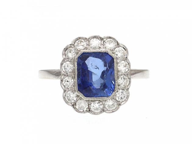 Art Deco Burmese sapphire and diamond floral cluster ring