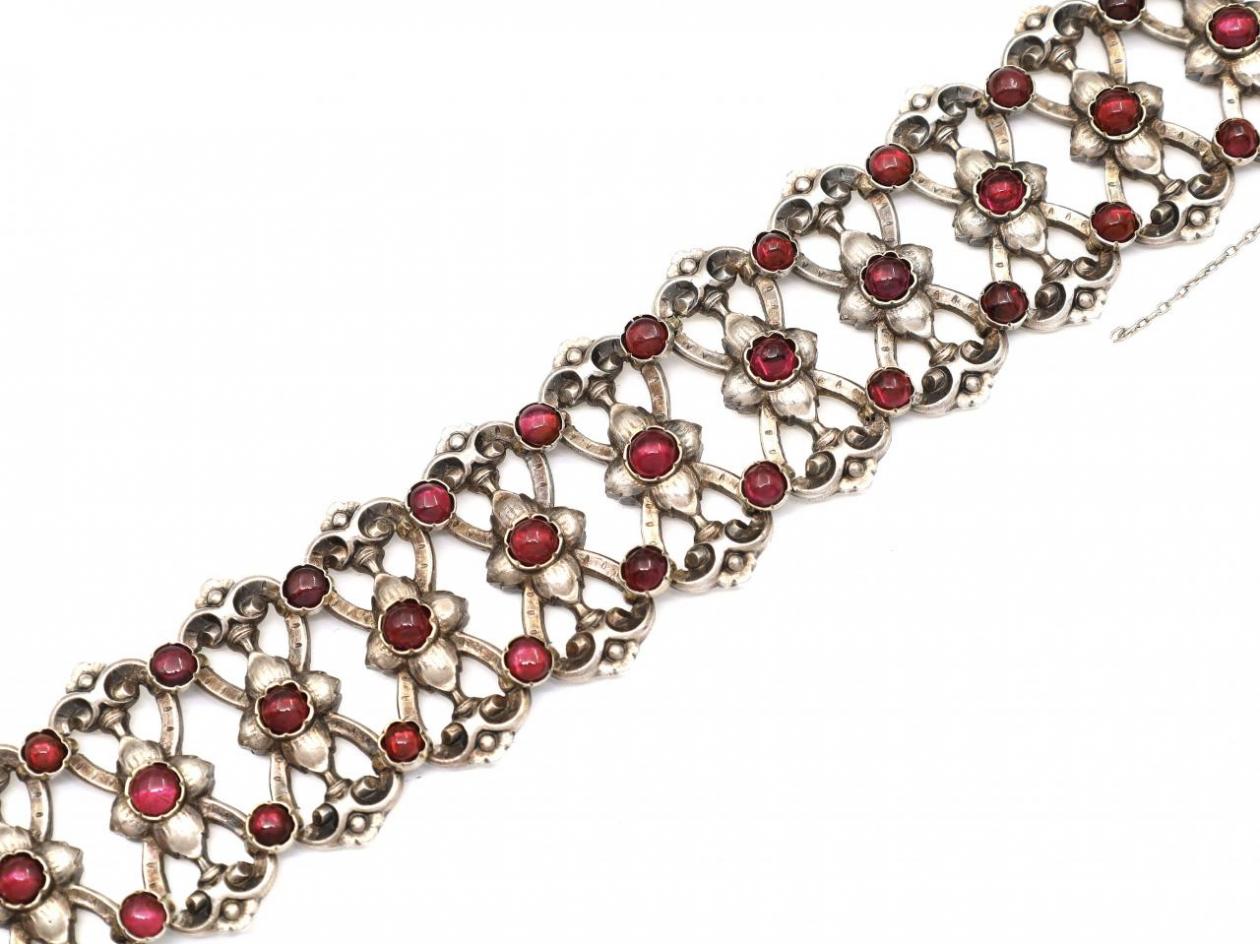 French Art Nouveau Silver & Gold Openwork Bracelet Set With Garnets