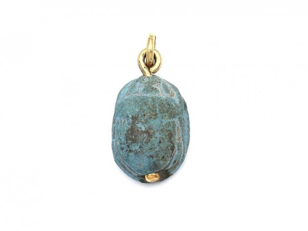 Ancient Egyptian blue faience scarab beetle pendant