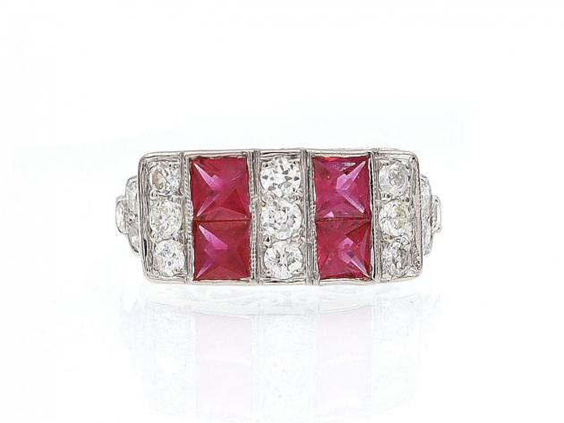 Art Deco style ruby and diamond plaque ring in 18kt white gold