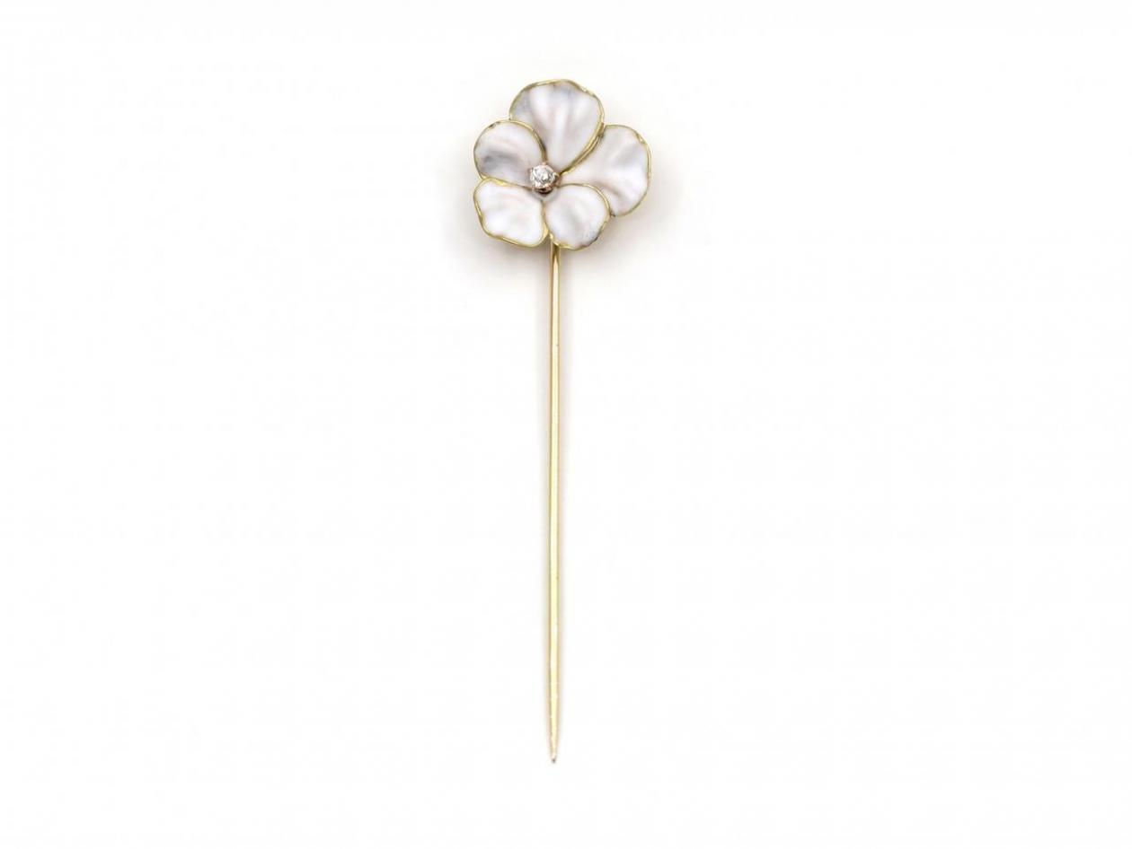 White enamel and diamond flower stick pin