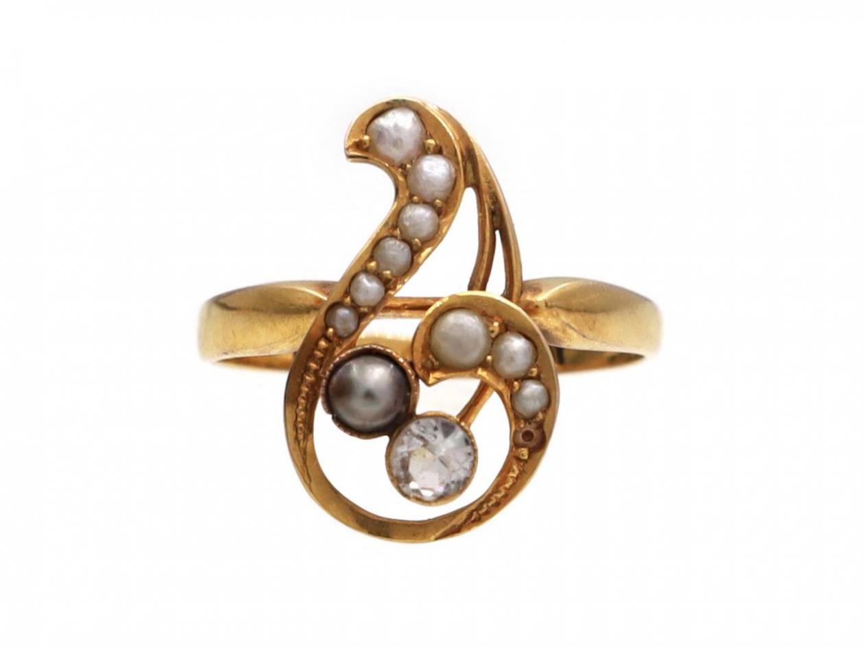 Antique Seed Pearl & Aquamarine Treble Clef Ring