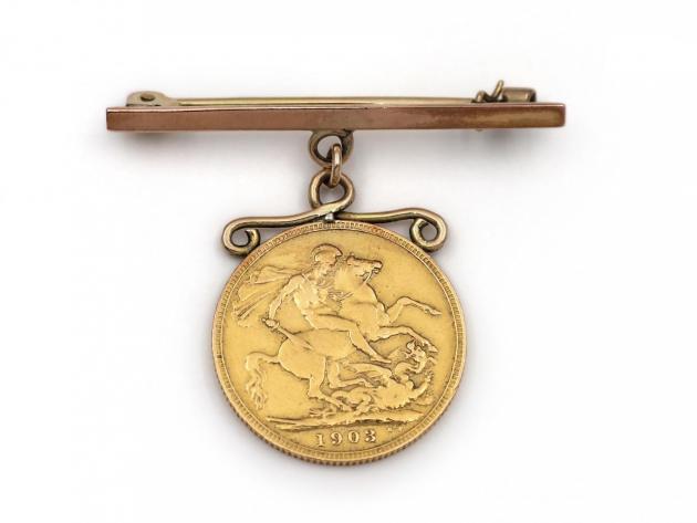 Vintage 9kt rose gold bar and sovereign coin brooch