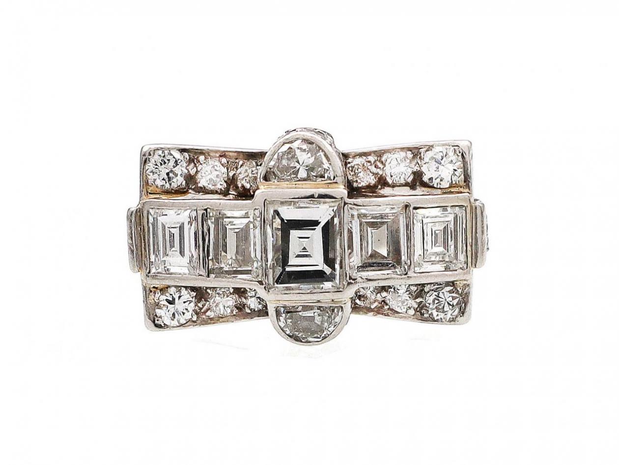 Late 1930s platinum and diamond tank cocktail ring