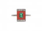 Art Deco Emerald, Coral & Diamond Rectangular Plaque Ring