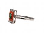 Art Deco emerald, coral and diamond rectangular plaque ring