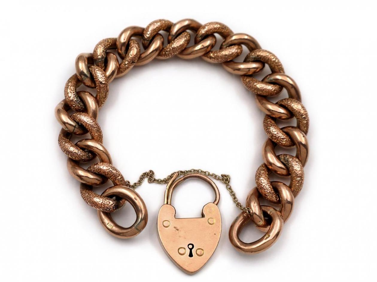 9kt Rose Gold Antique Engraved & Polished Curb Bracelet with Heart Lock