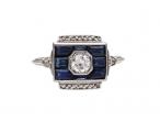 Art Deco diamond and sapphire square target ring in platinum