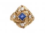 Antique sapphire and diamond carved ring in 14kt yellow gold