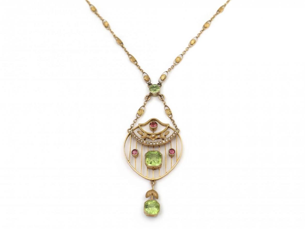 Edwardian Suffragette Peridot, Pearl & Amethyst Necklace in Gold