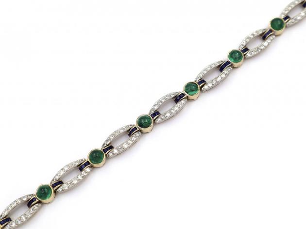 Vintage emerald cabochon, calibre sapphires and diamond line bracelet