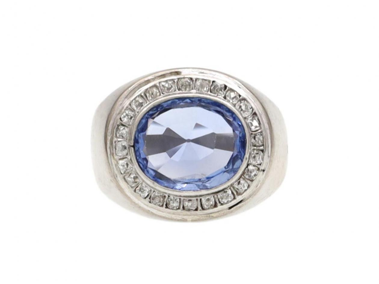 Vintage Ceylon sapphire and diamond oval cluster ring in 18kt white gold