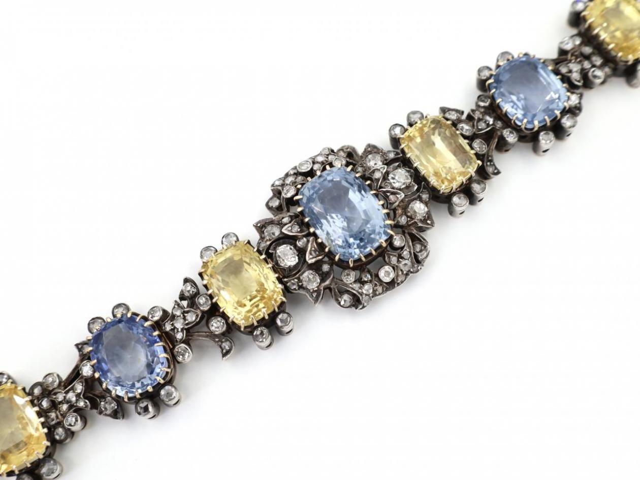 Antique French natural Ceylon blue and yellow sapphire and diamond bracelet/choker