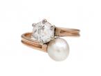 Edwardian toi et moi diamond and pearl twist ring in rose gold