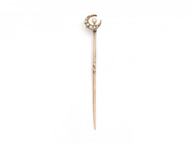 Antique seed pearl crescent moon stickpin in yellow gold