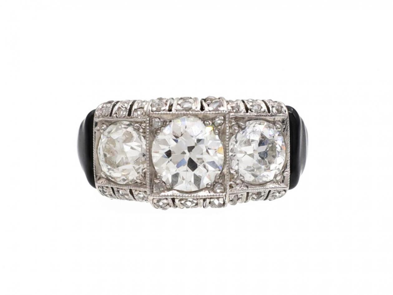 Art Deco Diamond & Onyx Three Stone Ring in Platinum