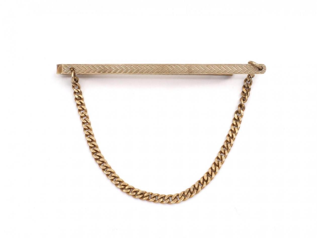 1974 Engine Turned Tie Slide With Curb Chain in 9kt Gold
