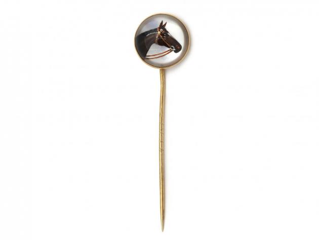 Antique Essex crystal horse head stickpin in yellow gold