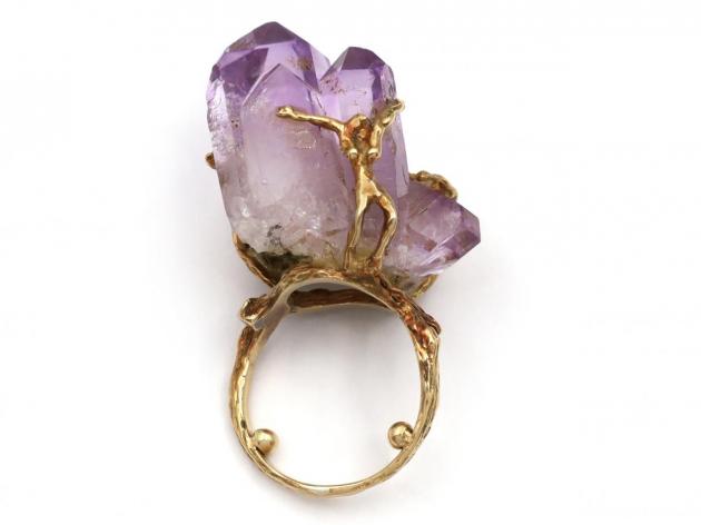 Vintage amethyst geode crystal dress ring in 18kt yellow gold