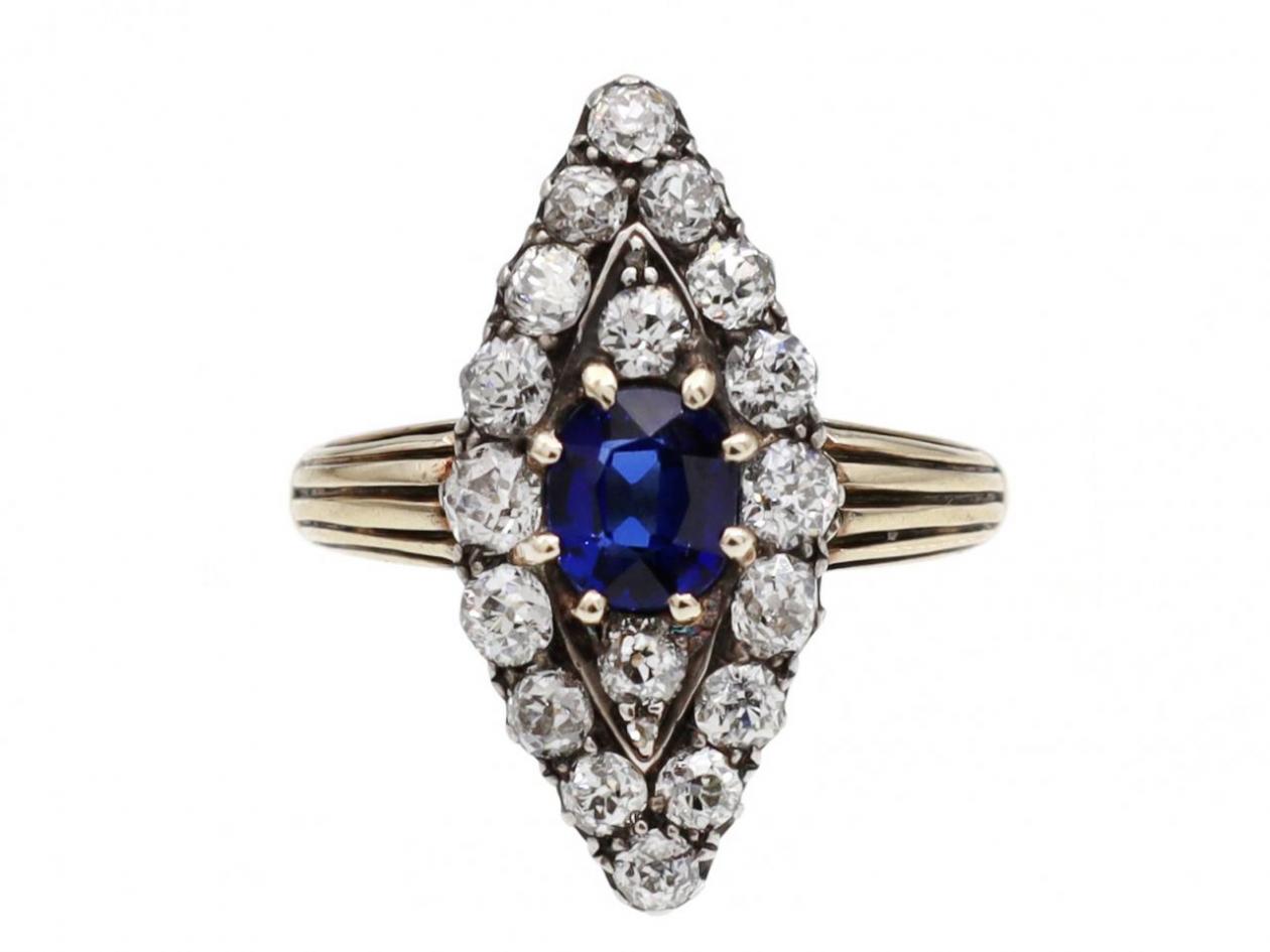 1890s Sapphire & Diamond Navette Cluster Ring in Silver on 18kt Gold