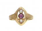 Antique 18kt yellow gold ruby and diamond vertical three stone ring
