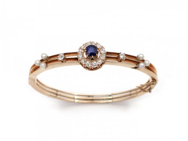 Antique sapphire, diamond and pearl hinged bangle in 18kt rose gold