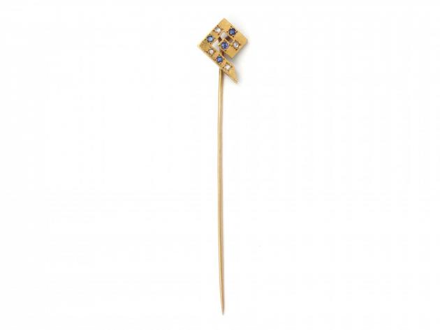 Antique sapphire and diamond Greek key stickpin in yellow gold