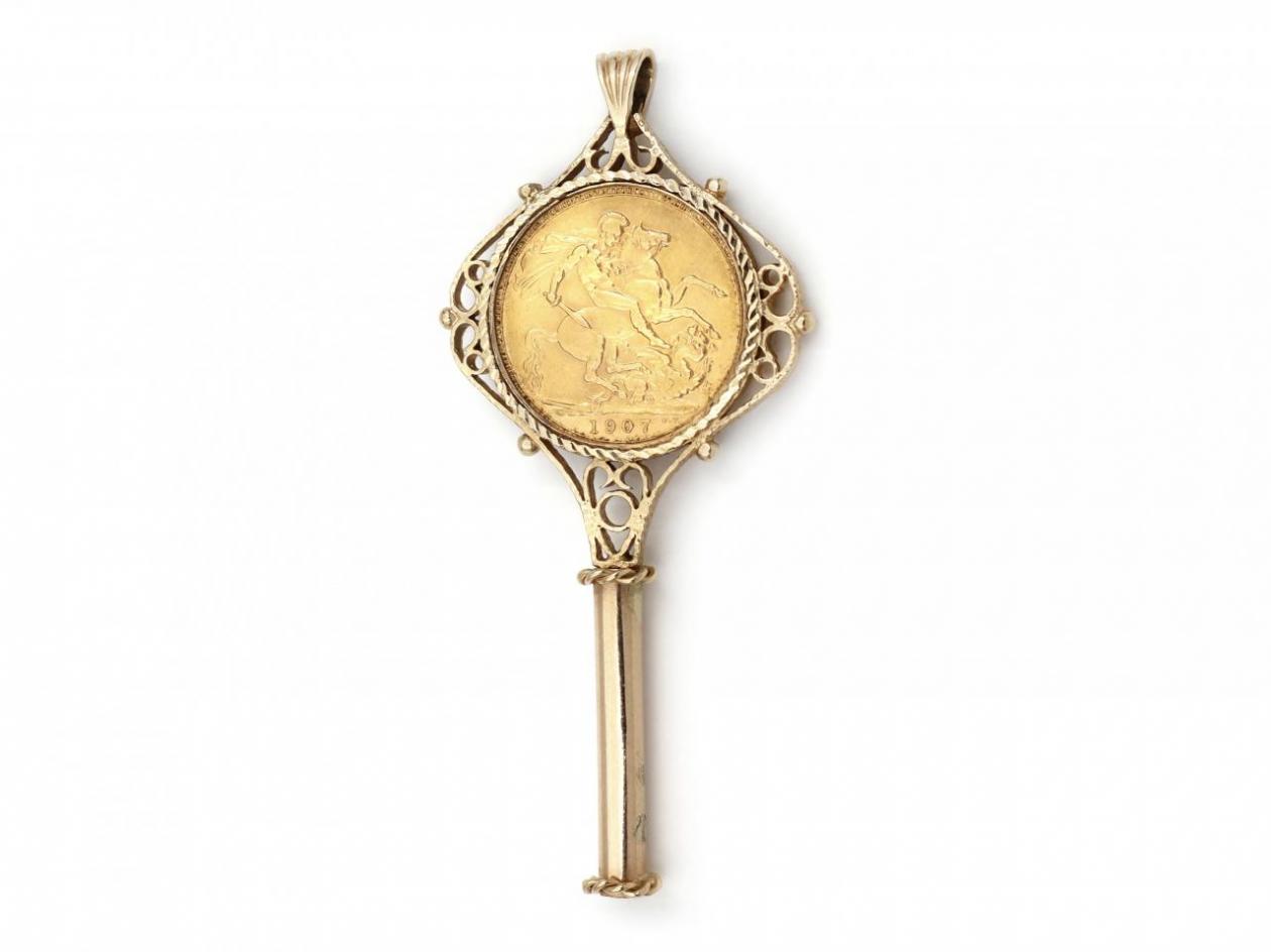 Antique Yellow Gold Key Wind & Half Sovereign Coin Pendant