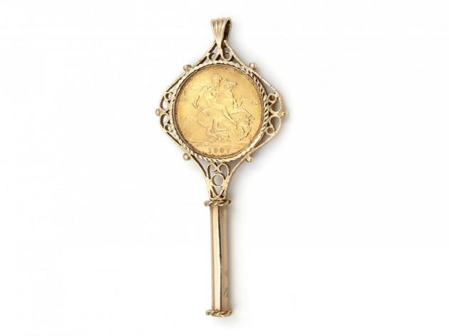 Antique yellow gold key wind and half sovereign coin pendant