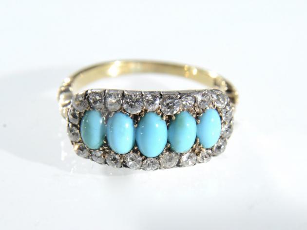 Victorian turquoise and diamond cluster ring set in silver on gold
