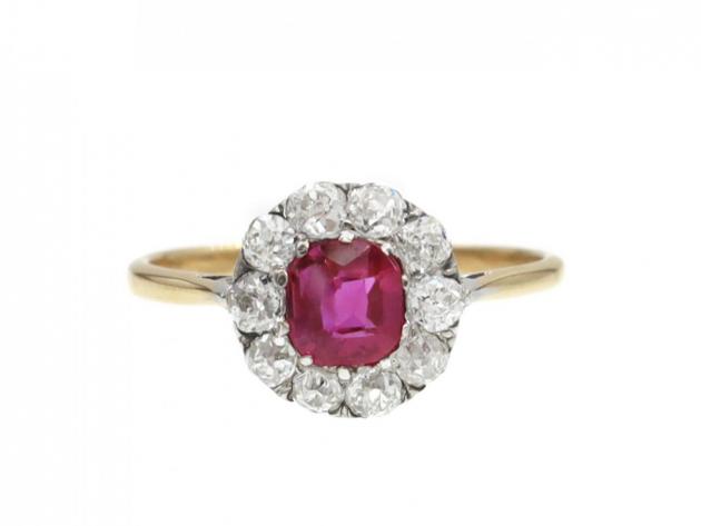 Edwardian ruby and diamond coronet cluster ring in gold