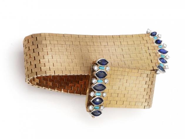 Vintage wide textured brick link belt bracelet with sapphire, diamond and turquoise