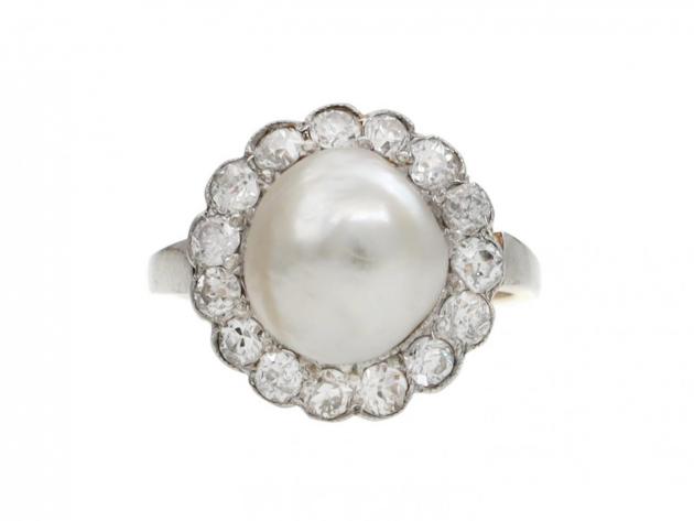 Antique natural pearl and diamond cluster ring in platinum and yellow gold