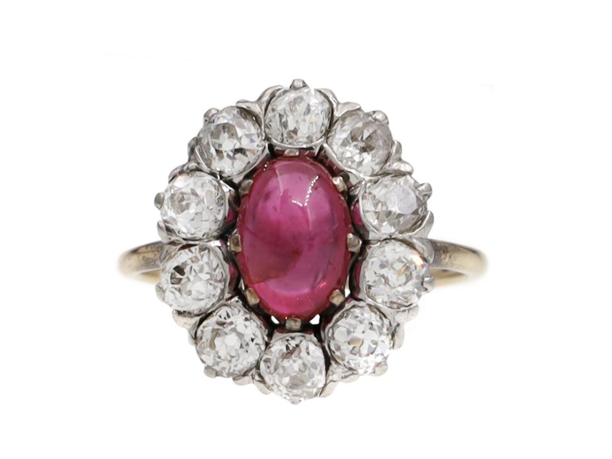 Edwardian oval Burmese cabochon and diamond cluster ring