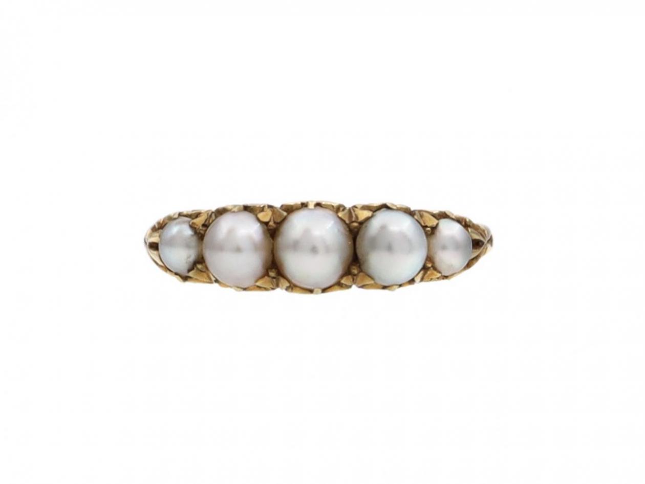 Antique natural pearl five stone carved ring in 18kt gold