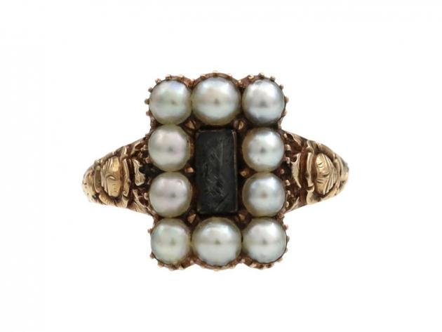 Georgian braided hair and natural pearl cluster mourning ring in yellow gold