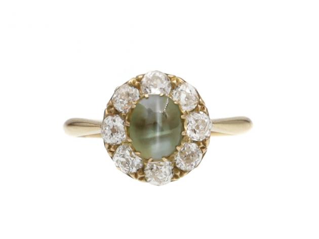 Victorian cat's eye chrysoberyl and diamond circular cluster ring