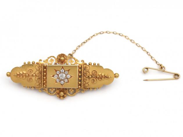 Victorian Etruscan revival diamond set plaque brooch in 15kt yellow gold