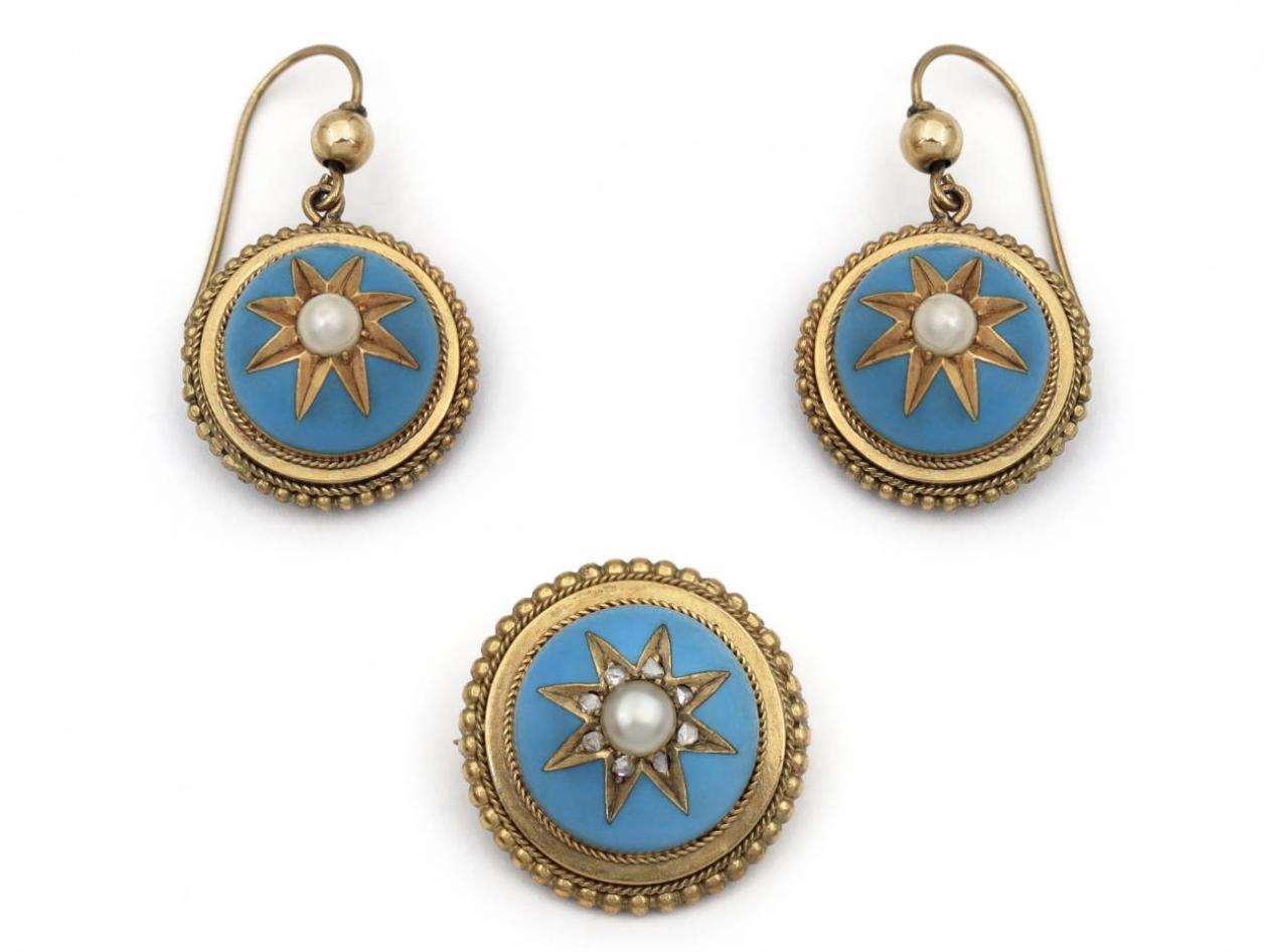 Victorian Natural Pearl, Diamond & Light Blue Enamel Demi-Parure