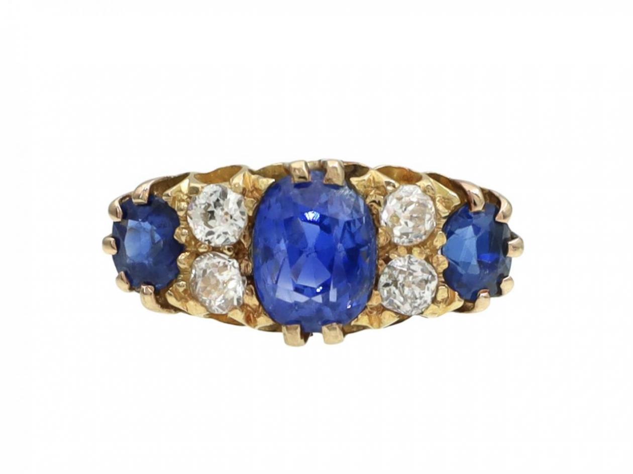 Antique Ceylon Sapphire & Diamond Three Stone Ring in 18kt Gold
