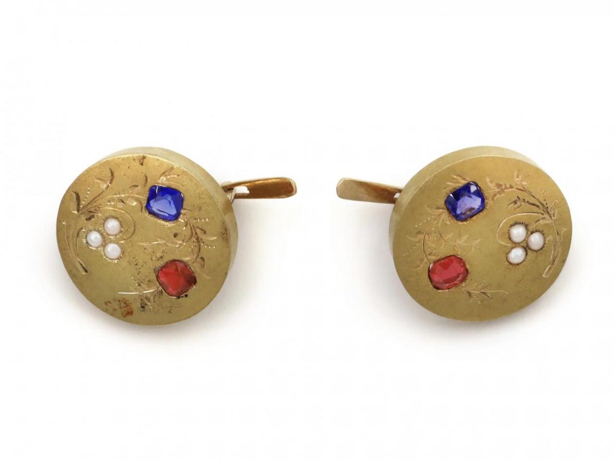Antique synthetic sapphire, synthetic ruby and pearl circular disk earrings