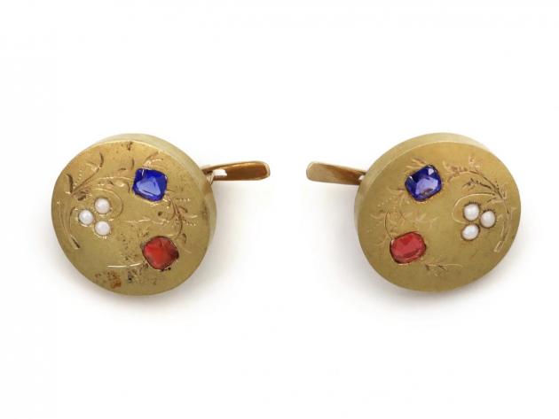 Antique synthetic sapphire, synthetic ruby and pearl circular disk earrings