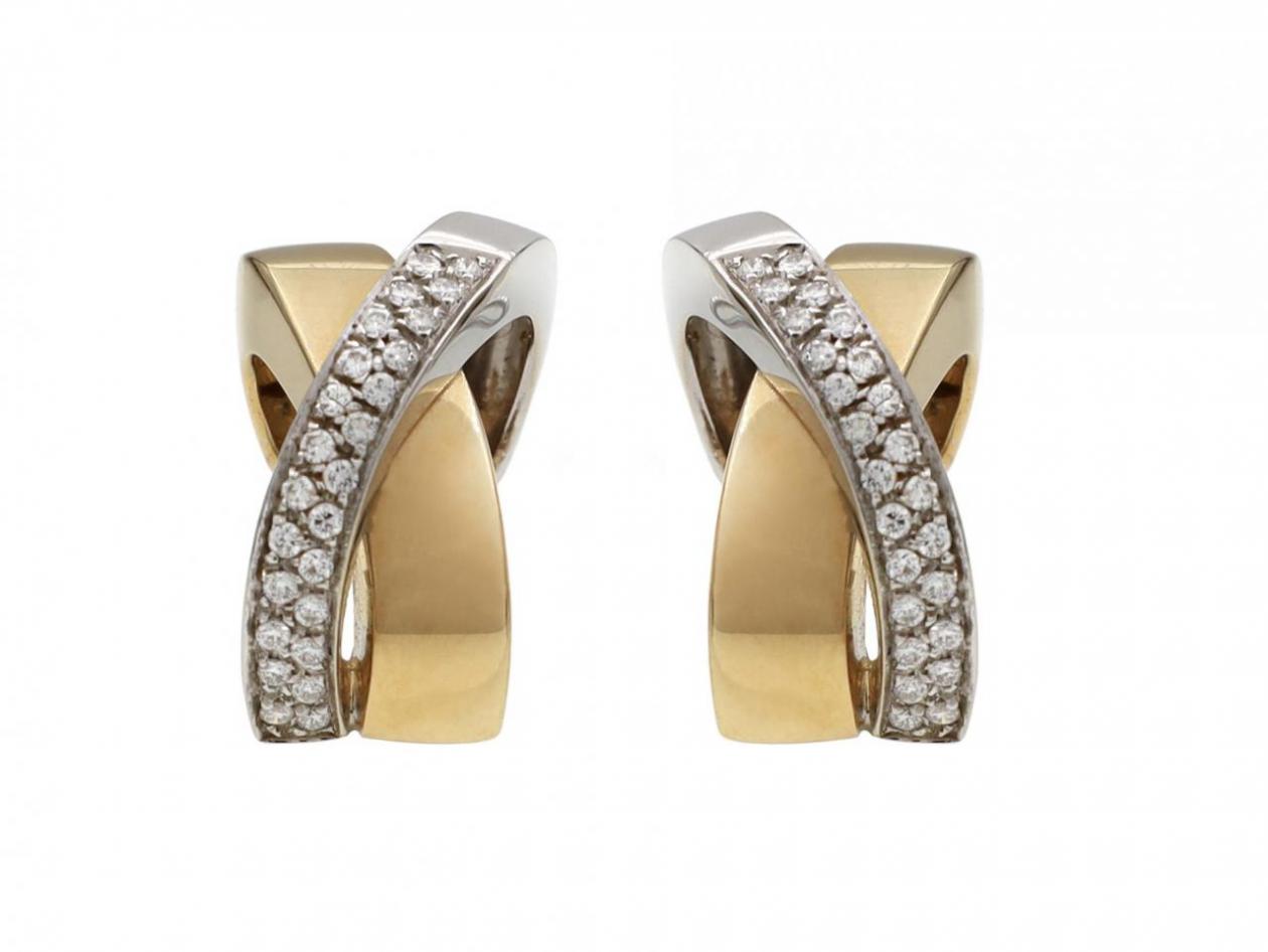 Vintage two tone cross over diamond and yellow gold earrings