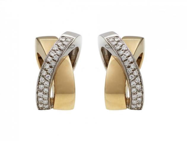 Vintage two tone cross over diamond and yellow gold earrings