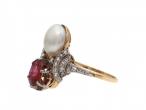 Antique Ruby & Pearl Two Stone Ring in Platinum & Yellow Gold