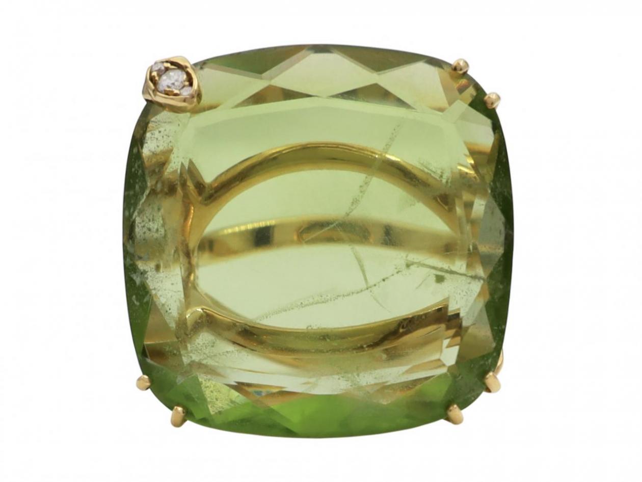 5.80ct cushion shape portrait cut peridot cocktail ring in 18kt yellow gold